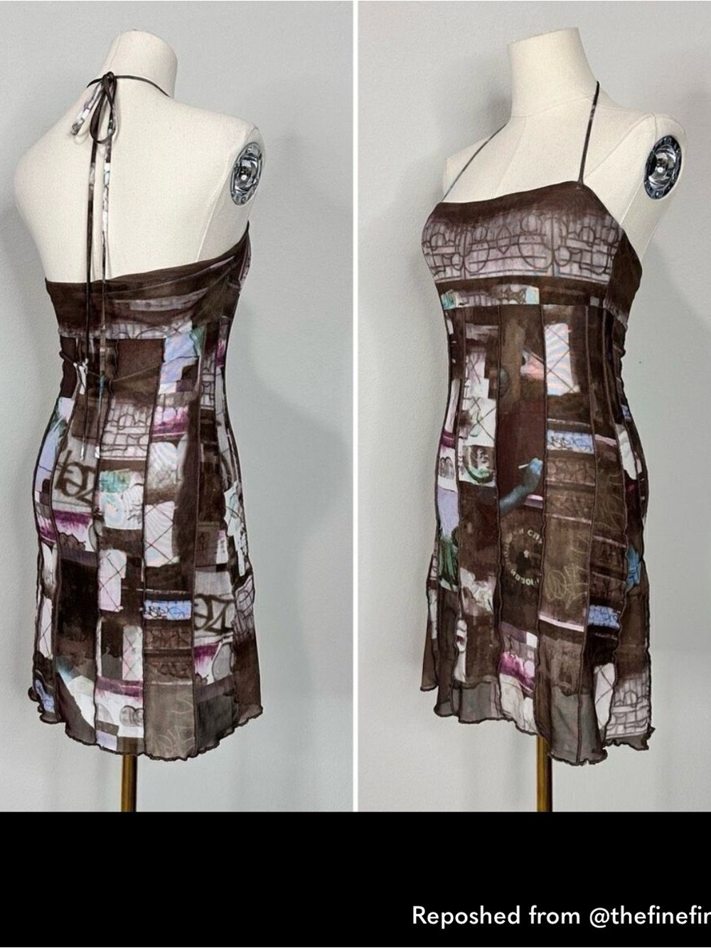 Sheer Printed Halter Mini Dress in Brown